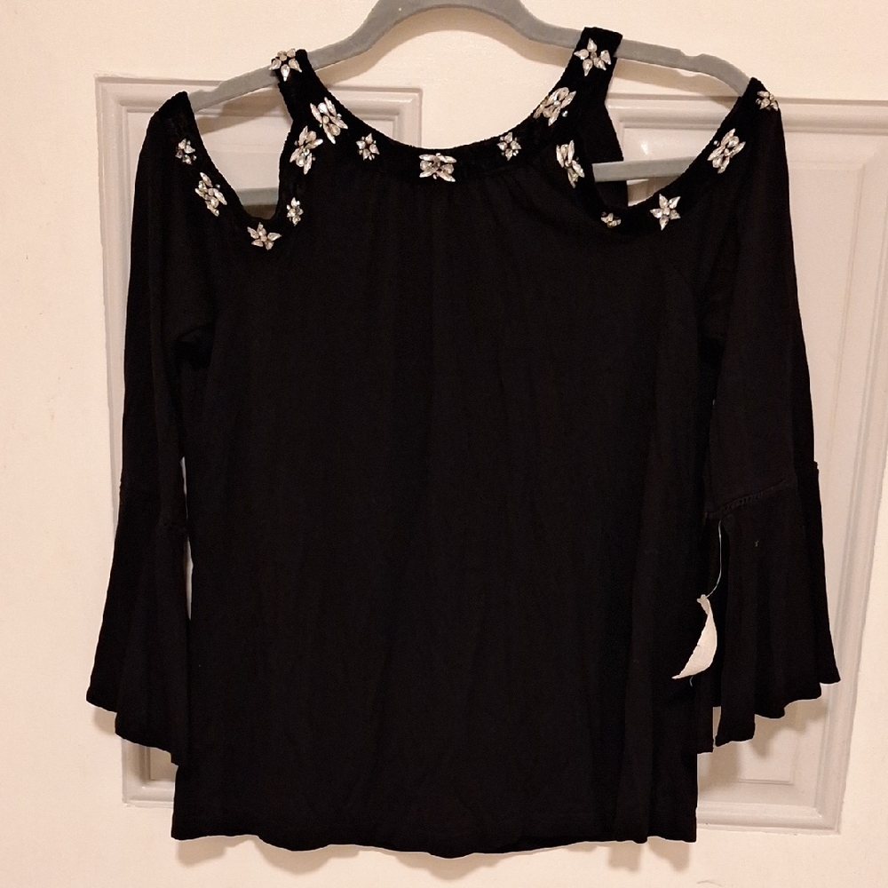 INC International Concepts Black Top with White Floral Accents